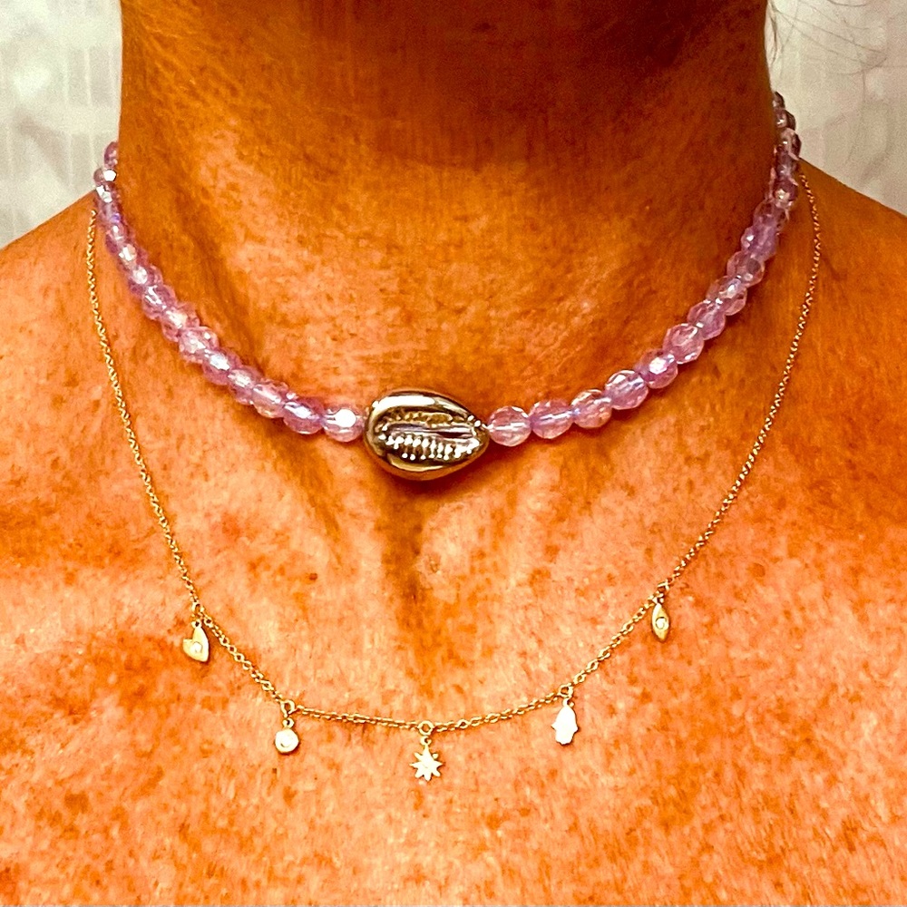 New So Cool Boho The Shell Crystal Beaded Necklace Lilac Purple Silver